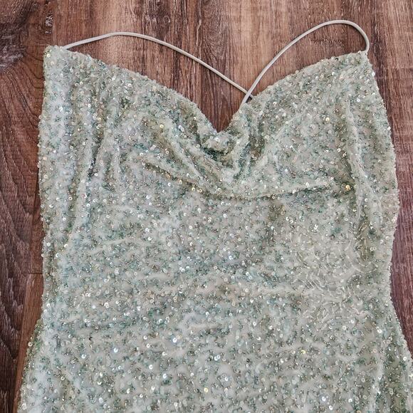Retrofete Mich Sequin Mini Dress in Mint Aqua Green Small Beaded Sleeveless Cowl - Picture 4 of 12